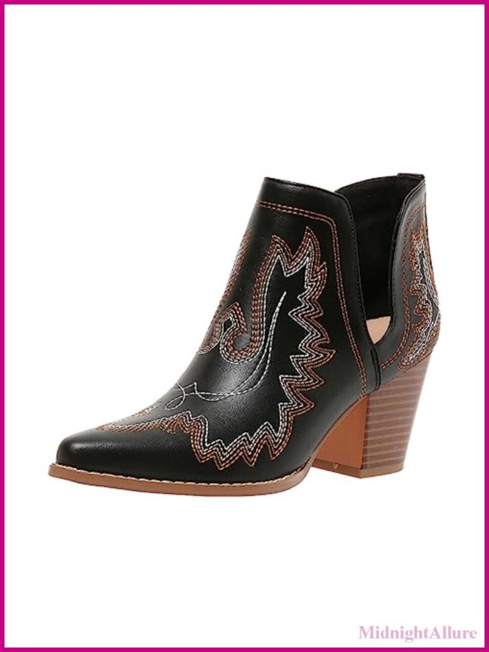Pointed Toe Ankle Cowboy Booties with Chunky Heel & Cutout
